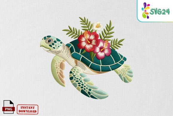 Floral Sea Turtle Embroidery Art PNG Review